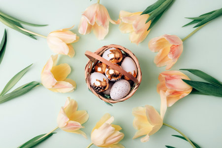 Basket with Easter eggs and frame of yellow tulips on light green background. Easter concept. Top view, flat lay.の写真素材