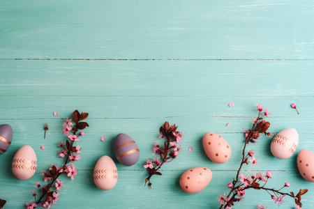 Easter flat lay with painted eggs, cherry blossoms and petals on turquoise blue background. Top...