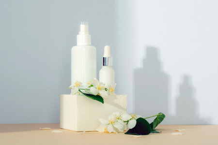 Cosmetic toner and serum in empty packages on a podium against a white wall background with light and shadows. Natural skin care products concept.の写真素材