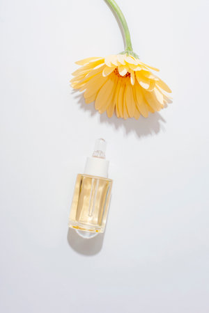 Cosmetic serum bottle and yellow gerbera flowers on a white background in sunlight. Top view, flat lay.の写真素材