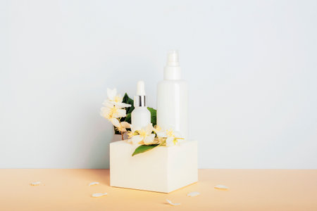 White cosmetic bottles on a podium against a white wall background with jasmine flowers. Natural skin care products concept. Front viewの写真素材