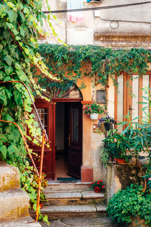 Open door to a cozy house surrounded by greenery in Moscenice town, Istria, Croatia.の写真素材