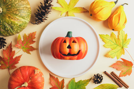 Halloween table place setting with decorative pumpkin, autumn leaves, cones and various gourds. Top view, flat layの写真素材