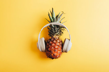 Pineapple in headphones on yellow background. Top view, flat layの写真素材