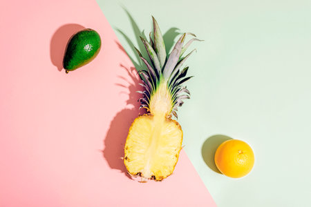 Pineapple, avocado and orange on pink and light green background in sunlight. Top view, flat layの写真素材