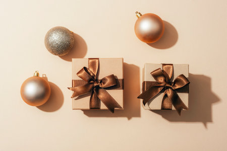 Bronze and gold Christmas ornaments arranged with gift boxes on beige background with light and shadows. Top view, flat layの写真素材