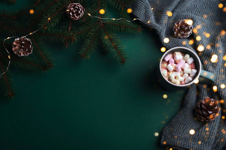 Cup of cocoa with marshmallows, pine cones, and string lights on dark green background. Top view, flat lay, copy space.の写真素材