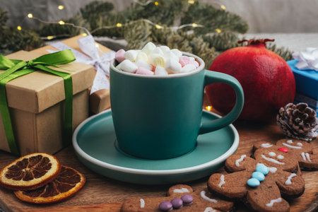 Festive mug of hot chocolate topped with marshmallows surrounded by gifts and holiday decorの写真素材