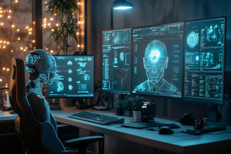 Futuristic workspace with an artificial intelligence figure analyzing data on multiple glowing monitors in a dim, tech-inspired environmentの素材