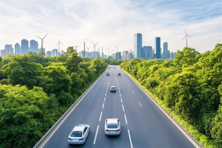 Highway running through a lush green forest with a bright blue sky above.の素材