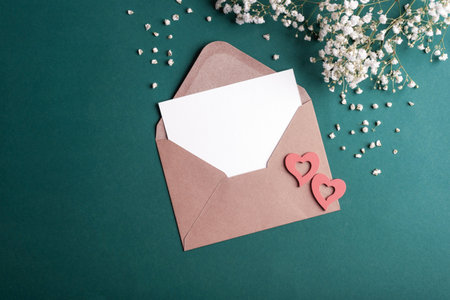 Open kraft envelope with a blank card and red heart decor on dark green background, symbolizing love. Valentines day concept. Top view, flat lay, mockup.の写真素材