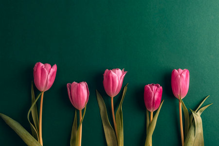 Five pink tulips arranged in a row on a deep green background. Spring holidays, Valentines day, Womens day concept. Top view, flat lay, copy space.の写真素材