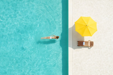 A woman floating in a turquoise swimming pool with a yellow umbrella and sun lounger on the side. Top view.の素材