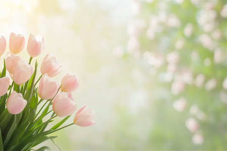 Pink tulips in soft-focus with a dreamy, romantic blurred green background, evoking a peaceful spring atmosphereの素材