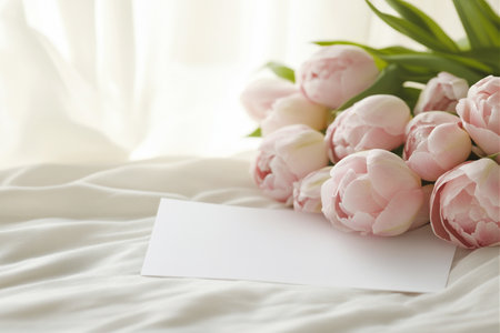 Soft pink tulips with a blank white card on a silky fabric background. Spring concept, mockup.の素材
