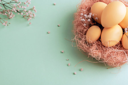 Yellow Easter eggs in nest with white flowers on green background, minimal spring holiday composition. Top view, copy space.の写真素材