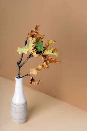 Minimal autumn branch with dry oak leaves in ceramic vase on beige background