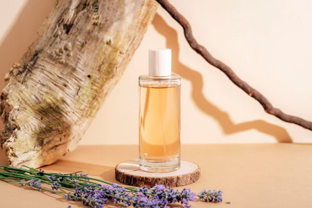 Glass cosmetic bottle with perfume and fresh lavender flowers on beige background. Aromatherapy concept. Wooden decorations with shadows on the backgroundの写真素材