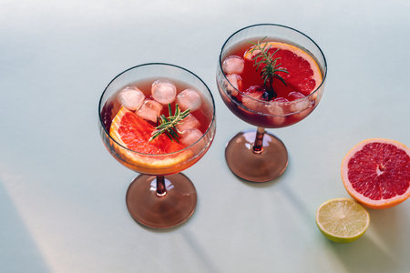 Two cocktail glasses with grapefruit slices, ice cubes and rosemary on light background. Summer refreshing drinksの写真素材