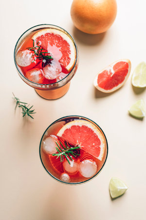 Top view of two grapefruit cocktails with ice and rosemary on beige background. Flat layの写真素材