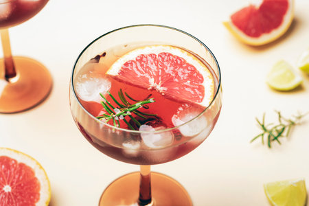 Close up of grapefruit cocktail with ice cubes and rosemary in glass on beige background. Closeupの写真素材