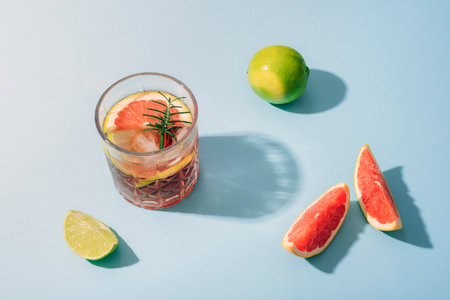 Glass of grapefruit cocktail with lime slices and rosemary on blue background with sharp shadows. Top viewの写真素材