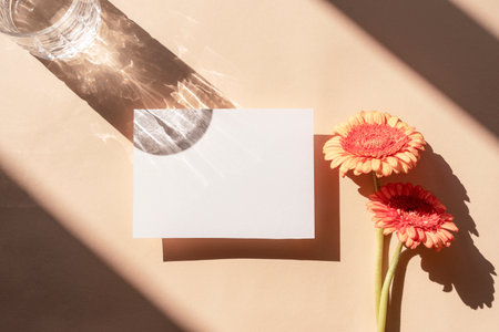Blank white card with orange gerbera flowers and glass shadow on beige background. Top view, flat lay, mockupの写真素材