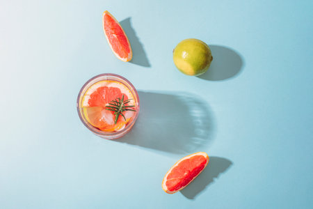 Glass of grapefruit cocktail with lime slices and rosemary on blue background with sharp shadows. Top view, flat layの写真素材