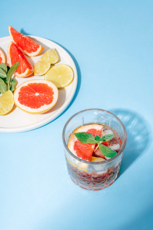 Refreshing cocktail with grapefruit, lime and mint in glass with ice. Citrus drink on blue...