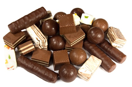 Assorted chocolates on a white backgroundの写真素材