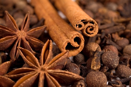 background with spices : cinnamon, star anise, allspice
の写真素材