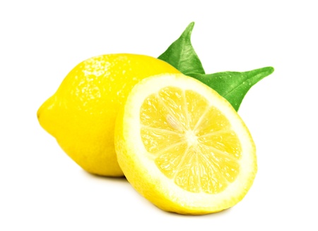 Fresh lemons with leaves on white backgroundの写真素材