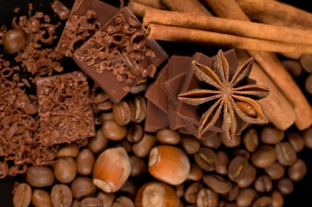 background with chocolate , coffee, spices and nutsの写真素材