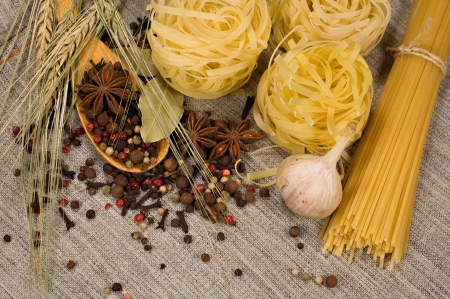 Still Life with Spaghetti , ears and spicesの写真素材