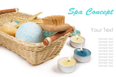 Spa still life : a basket , sea salt , candlesの写真素材