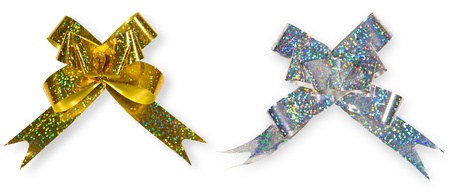 silver and golden holiday bow for decor isolated on a whiteの写真素材