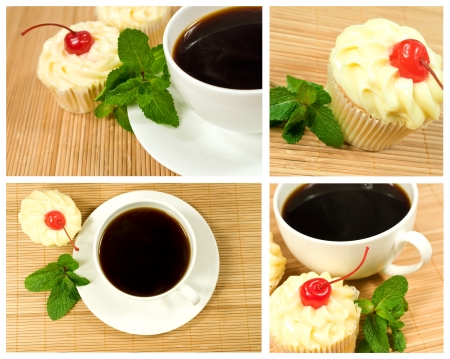 set with coffee and cake close up の写真素材