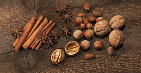 nuts, star anise and cinnamon sticks on a wooden background
の写真素材