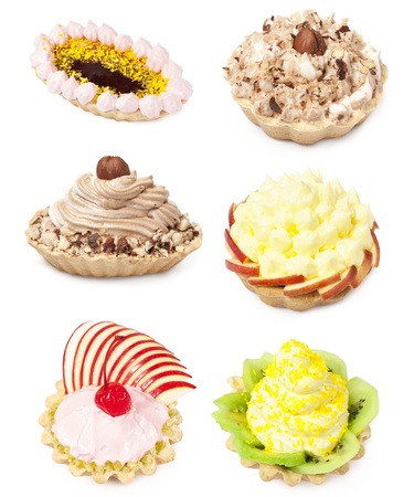 set cakes with fruit and cream isolated on whiteの写真素材