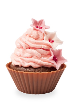 cupcake with pink cream isolated on whiteの写真素材