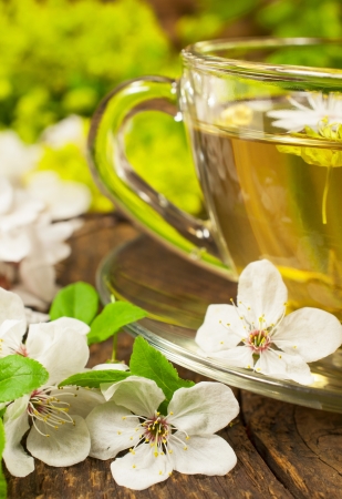 glass cup is of green tea with herbsの写真素材