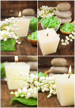 set of spa still life with a candle , salt and lily of the valley on wooden
の写真素材