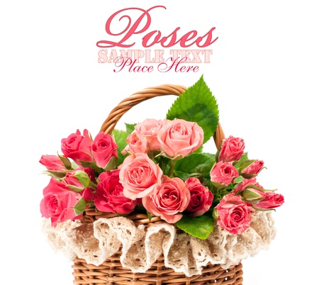 pink roses in a basket on a vintage wooden backgroundの写真素材
