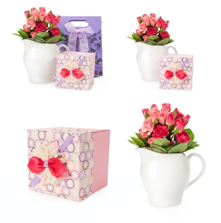set a bouquet of roses with gift box isolated on whiteの写真素材