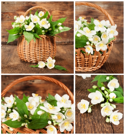 set of images with jasmine in wicker basket on a wooden backgroundの写真素材