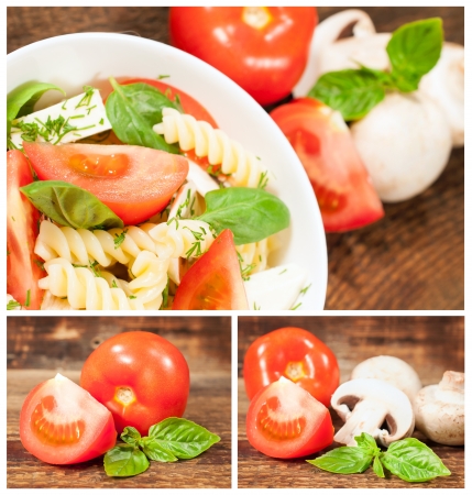 dish with pasta , tomatoes , cheese , mushrooms and basilの写真素材