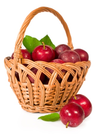 ripe plums in a wicker basket isolated on whiteの写真素材