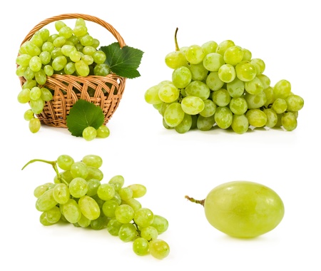 set with green grapes isolated on whiteの写真素材