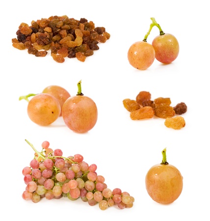 set of raisins and grapes isolated on whiteの写真素材