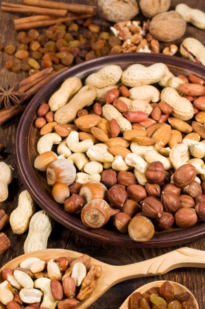 nuts assorty: cashews, peanuts , hazelnuts and walnutsの写真素材